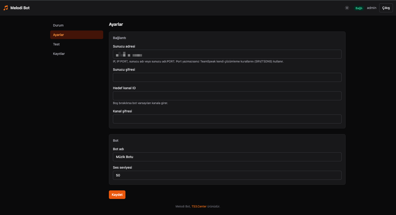 MelodiBot — bağlantı ve bot ayarları ekranı