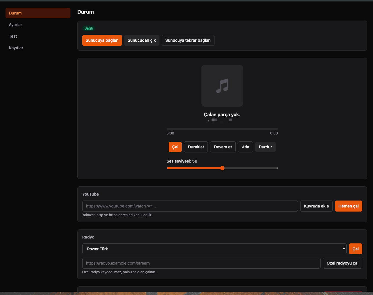 MelodiBot — durum, oynatma kontrolleri, YouTube ve radyo çalma ekranı