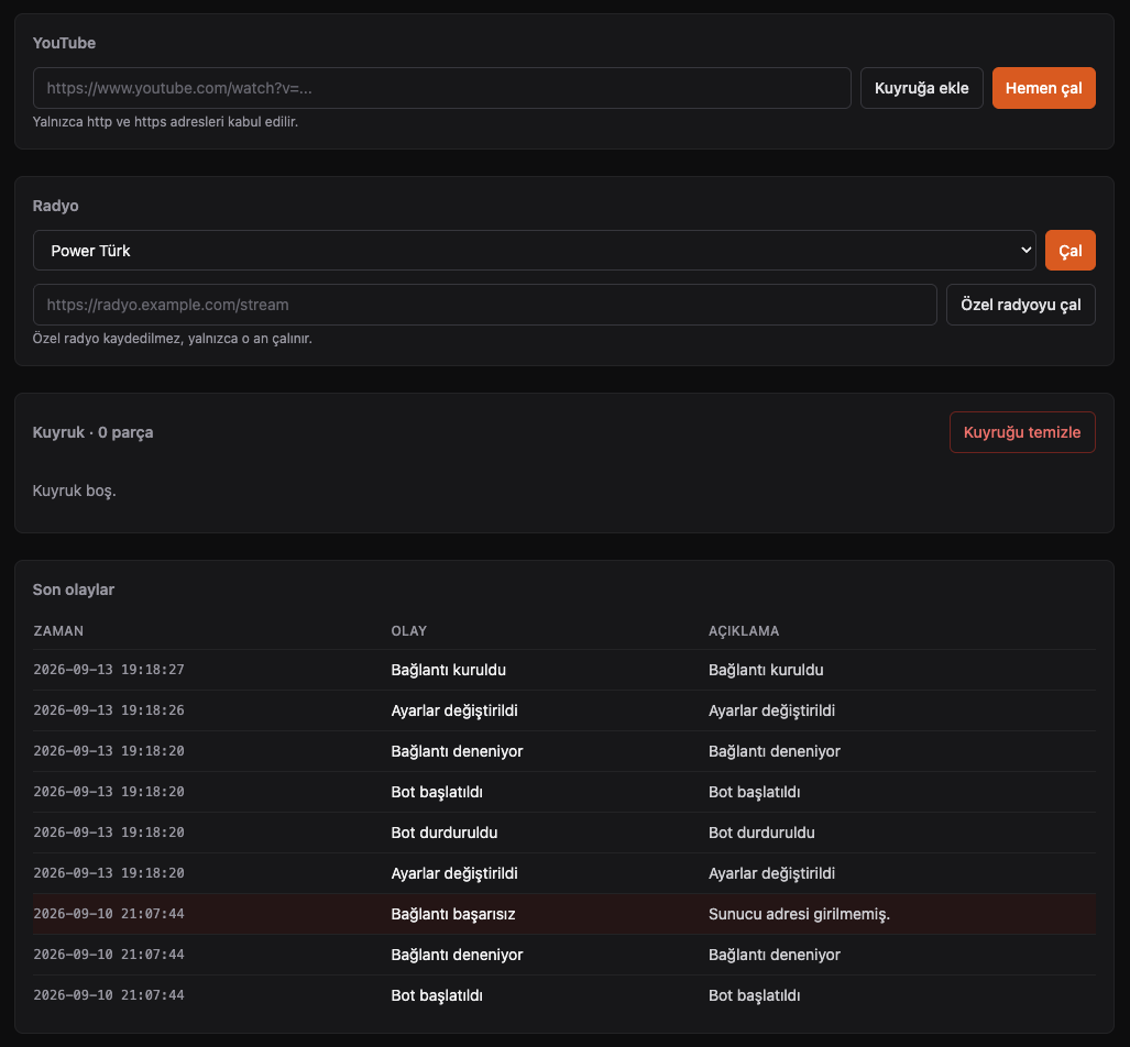 MelodiBot — kuyruk ve son olaylar kaydı ekranı