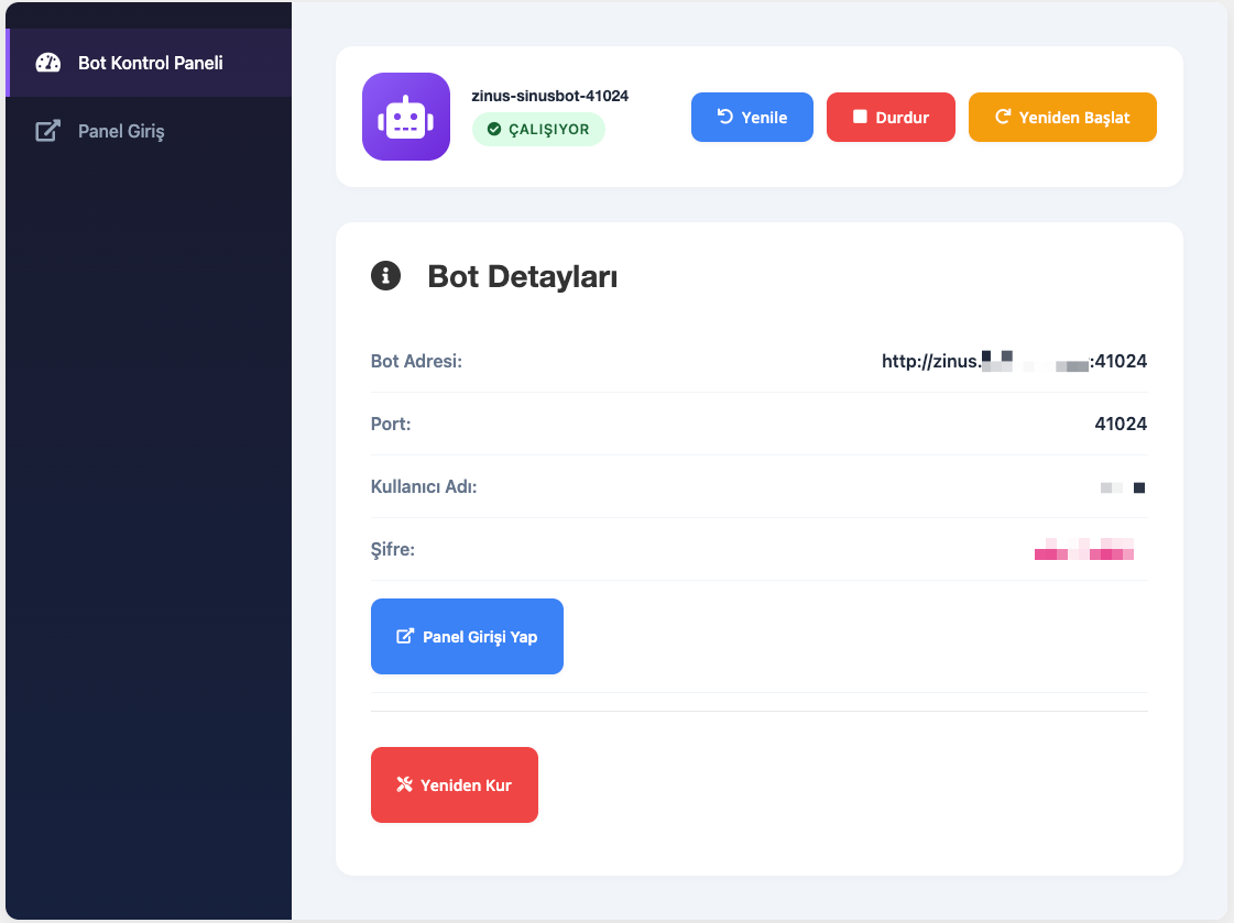 SinusBot — müşteri panelinden bot kontrolü ve bağlantı bilgileri