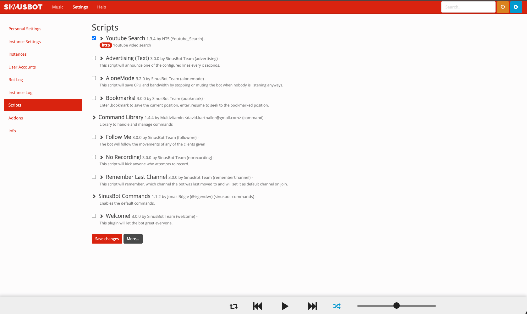 SinusBot — eklenti (script) yönetimi ekranı