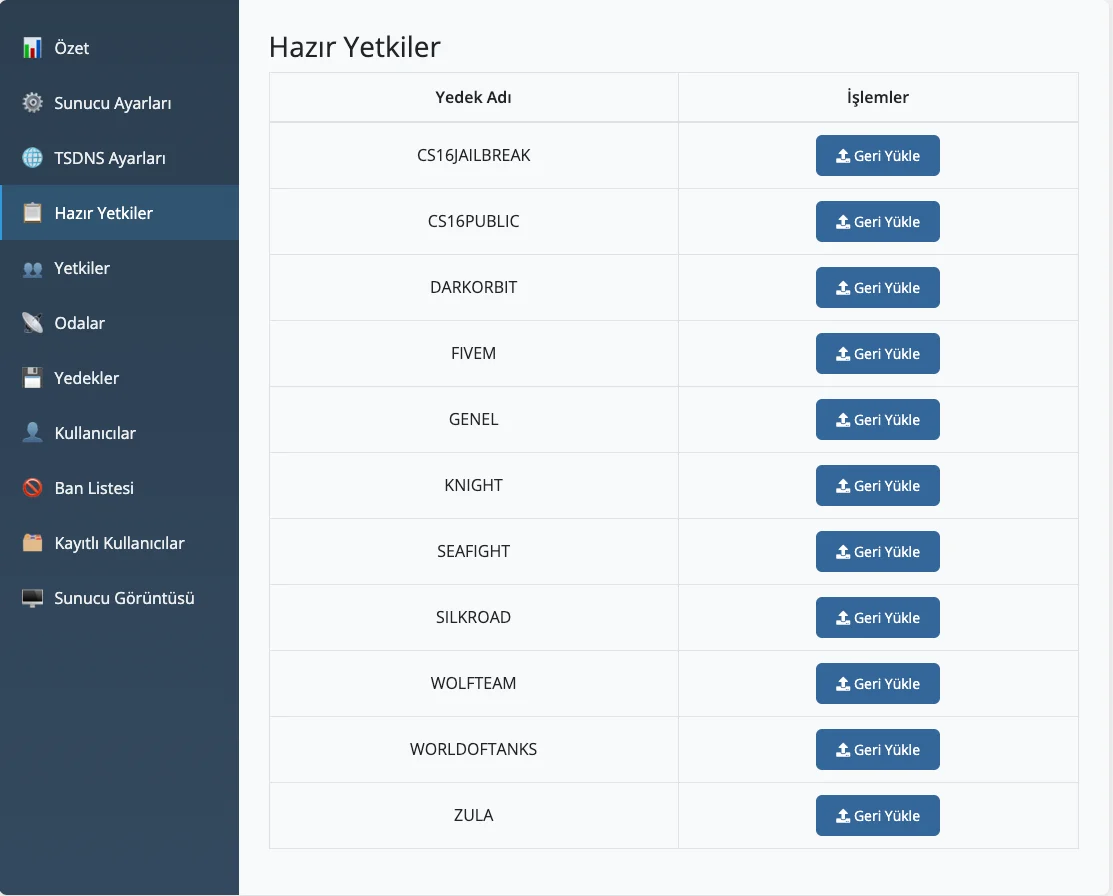 TS3 Panel — yetki yönetimi ekranı